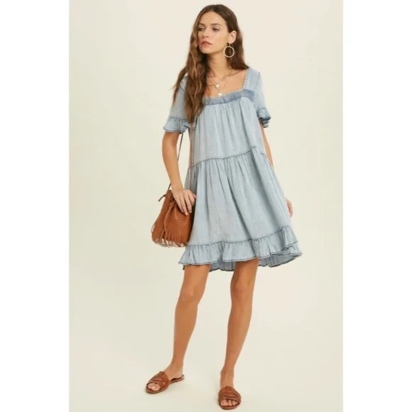 Denim Tencel Square Neck Short Sleeve Ruffle Trim Babydoll Casual Mini Dress - Picture 10 of 11